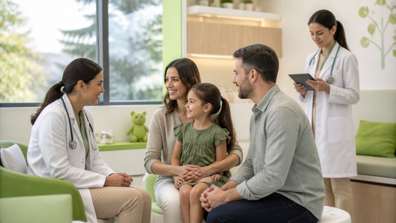 Equipe pediátrica multidisciplinar atendendo uma criança com os pais em clínica acolhedora