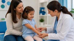 Mãe, criança e pediatra conversando sobre cuidados com a pele em consultório pediátrico