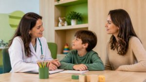 Médica pediátrica conversando com mãe e criança em consulta sobre atenção e comportamento.