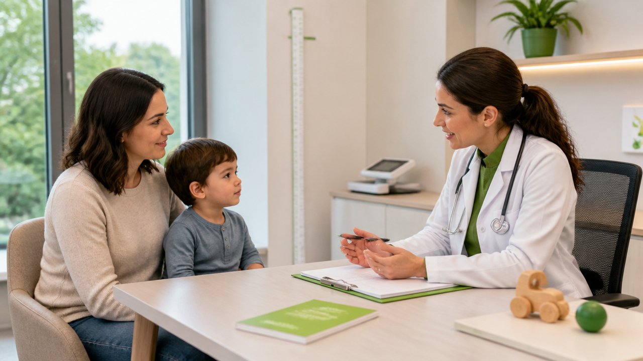 Pediatra conversando com mãe e criança durante consulta de rotina em clínica pediátrica acolhedora