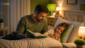 Responsável lendo para uma criança sonolenta em um quarto infantil calmo durante a rotina de dormir