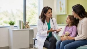 Criança e responsável conversam com profissional de saúde em consultório pediátrico sobre meningite
