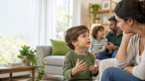 Criança pequena conversa com um adulto atento, em uma cena familiar acolhedora sobre desenvolvimento da fala.