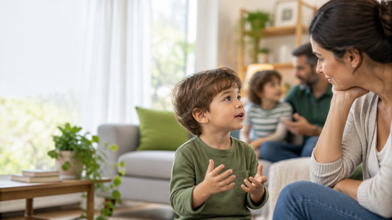 Criança pequena conversa com um adulto atento, em uma cena familiar acolhedora sobre desenvolvimento da fala.