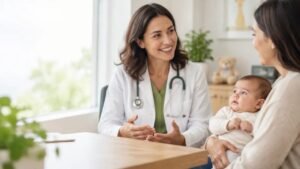 Pediatra conversa com uma família enquanto um cuidador segura um bebê em consulta sobre refluxo.